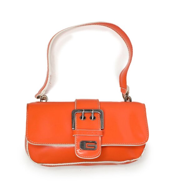 Vintage Guess Y2K Mini Baguette Shoulder Bag Orange Faux Leather White Trim - Picture 6 of 15